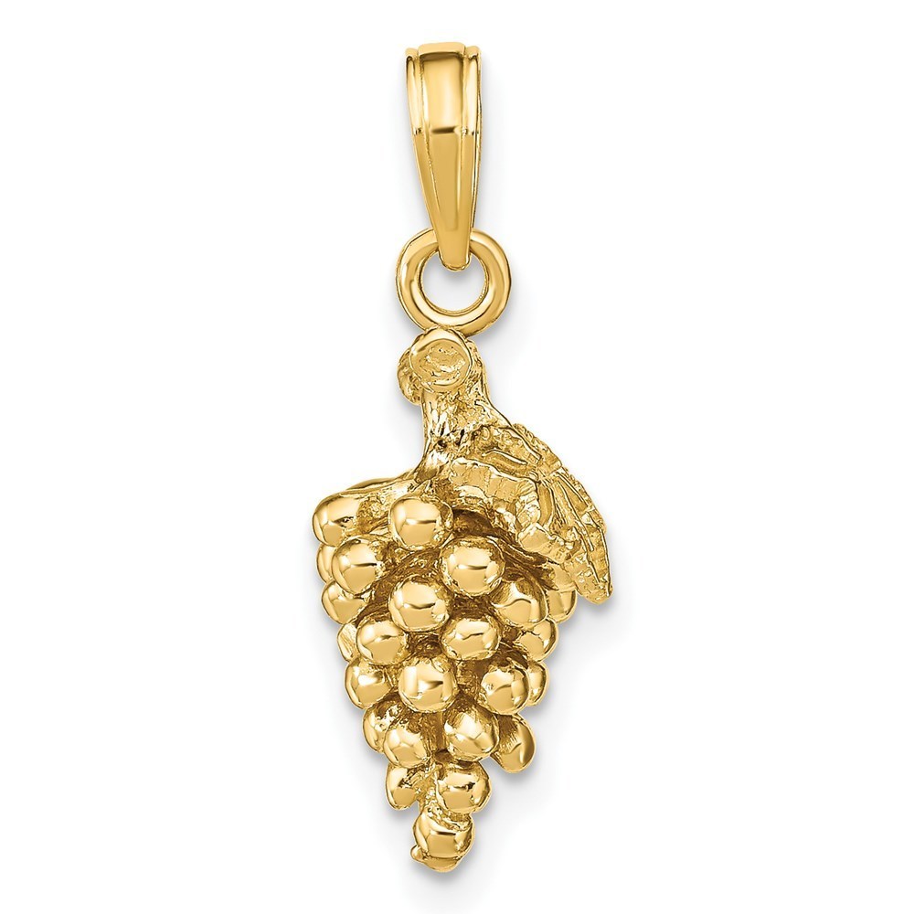 14k Yellow Gold 3-D Grapes W/ Stem And Leaf Necklace Charm Pendant
